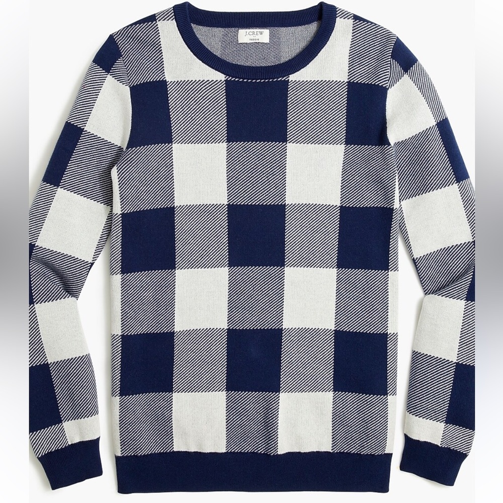 J. Crew Teddie Check Jacquard pullover Blue and White Plaid Crewneck